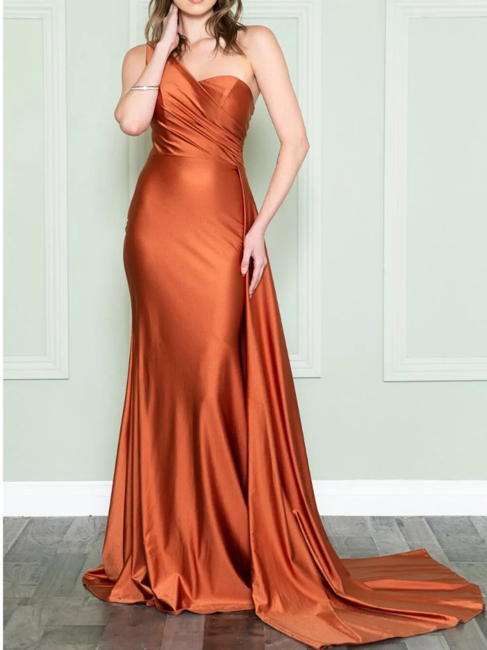 burnt orange dress formal Prom 2023 One-shoulder Lace Appliques Sequined with Slit 2 / Burnt Orange Height 178cm Burnt Orange Jersey Cut Out